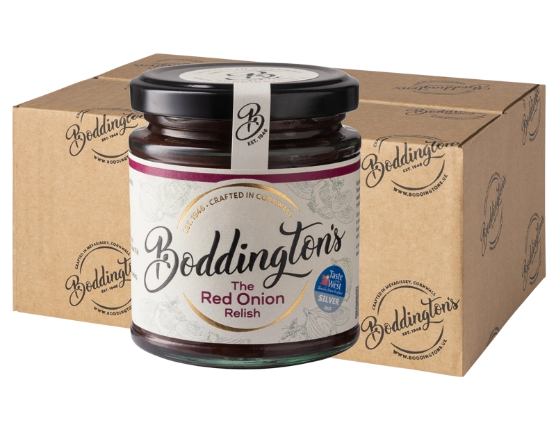227g Jar of Boddington's Red Onion Relish with packaging in the background