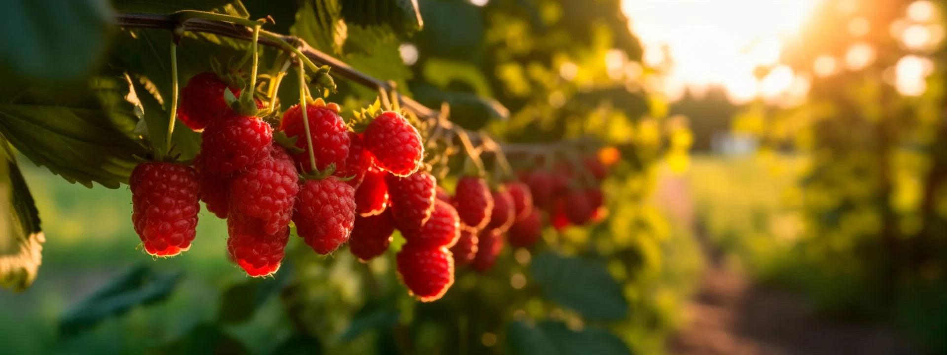 Raspberries on a branch with a blurred background of greenery and sunlight.
