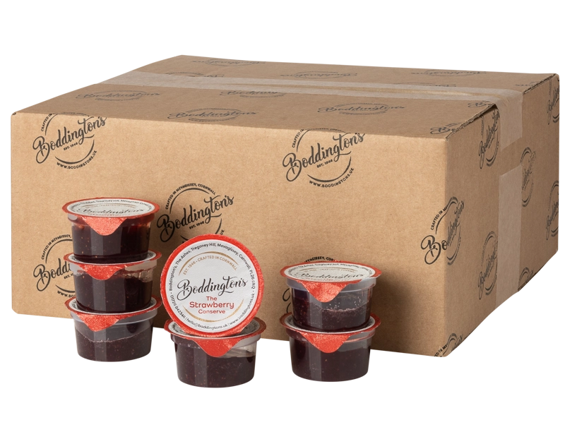 Box of Boddington's 28g individual strawberry jam pots with packaging in the background