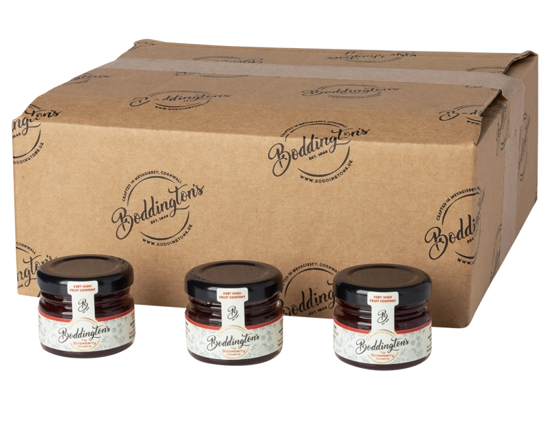 Three jars of Boddington's 28g individual jars of Strawberry Conserve with a cardboard box behind