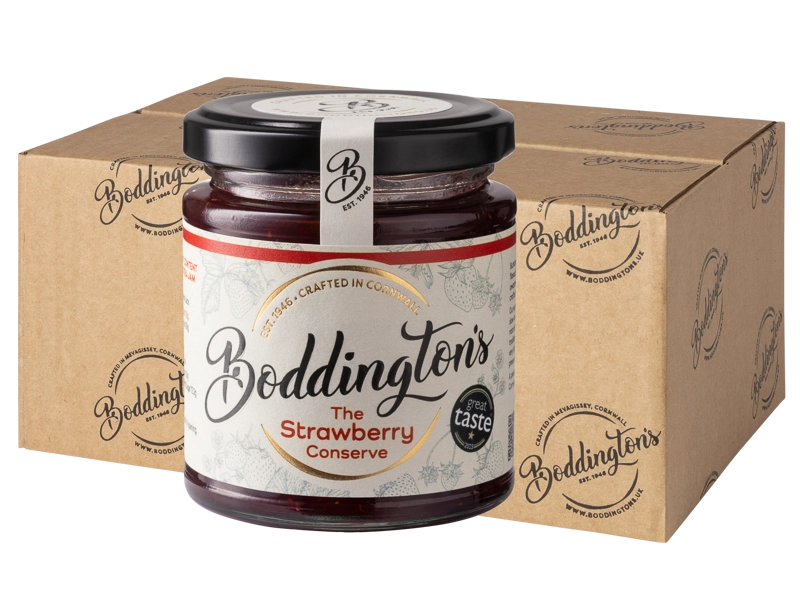 227g Jar of Boddington's Strawberry Conserve with packaging in the background