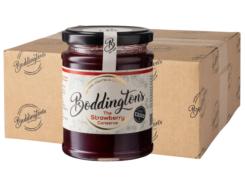 340g Jar of Boddington's Strawberry Conserve with a cardboard box in the background