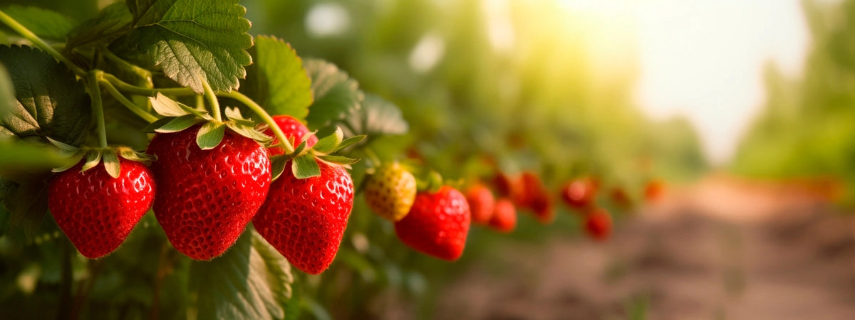 Strawberries growing on a row with a blurred background