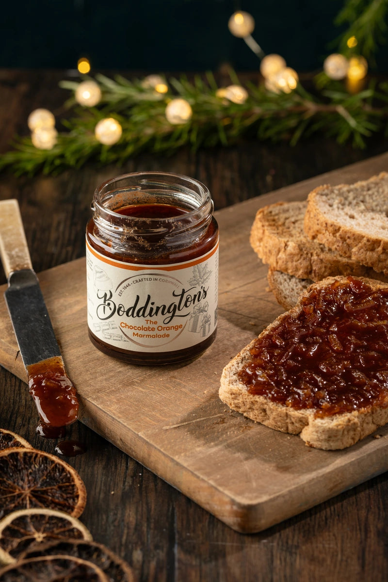 Jar of Boddington's Chocolate Orange Marmalade on a wooden board with bread slices and festive lights in the background.