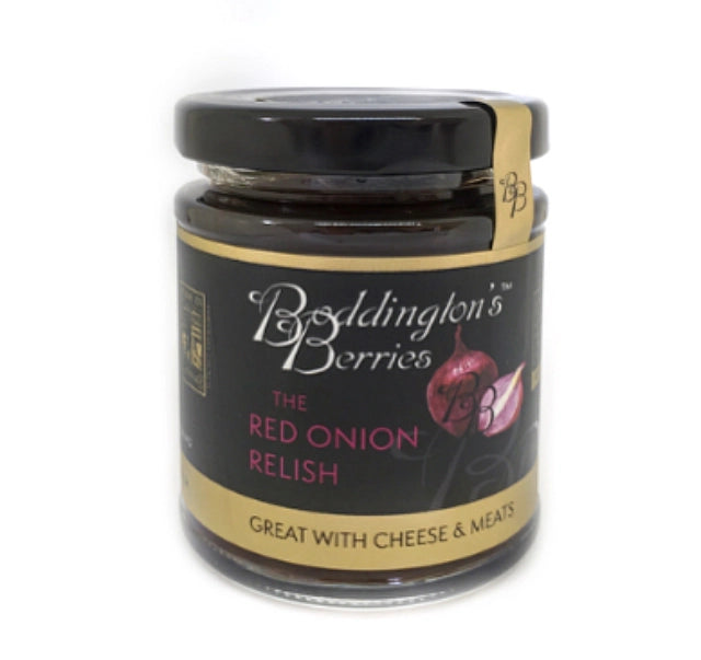 Jar of Boddington's Berries Red Onion Relish on a white background