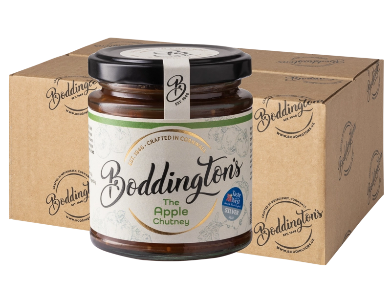 227g Jar of Boddington's Apple Chutney with packaging in the background