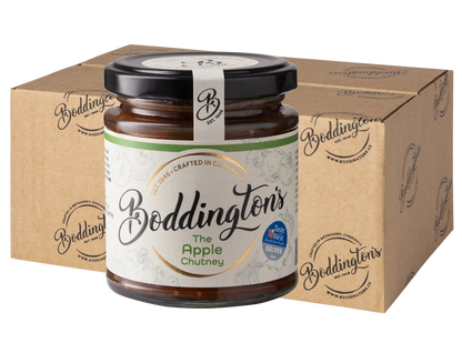 227g Jar of Boddington's Apple Chutney with packaging in the background