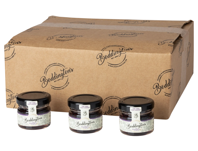 Three jars of Boddington's 28g individual jars of Blackberry Conserve with a cardboard box behind