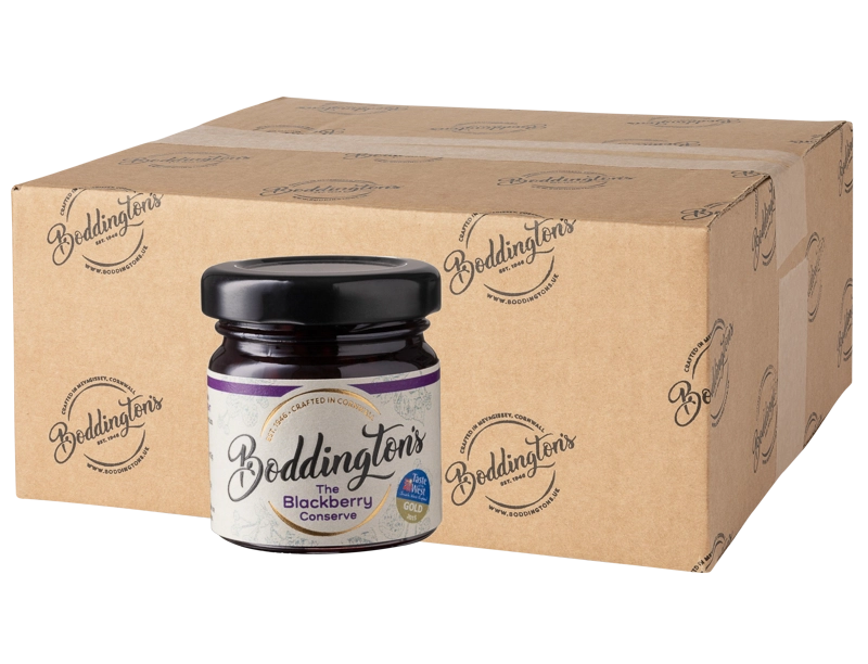 48g Mini Jar of Boddington's Blackberry Conserve with a cardboard box in the background