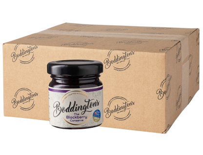 48g Mini Jar of Boddington's Blackberry Conserve with a cardboard box in the background