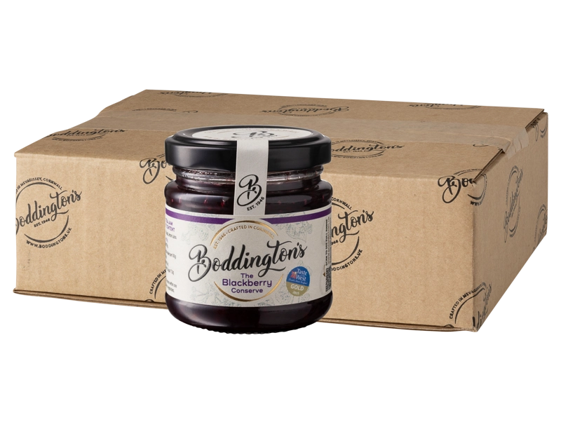 113g Gift Jar of Bedlington's Blackberry conserve with a cardboard box in the background
