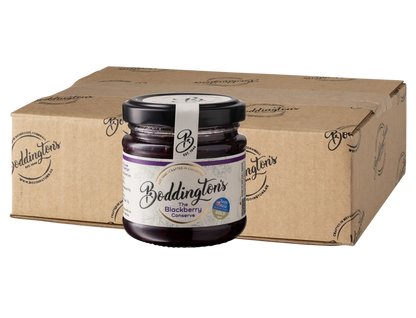 113g Gift Jar of Bedlington's Blackberry conserve with a cardboard box in the background