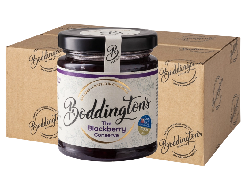 227g Jar of Boddington's Blackberry Conserve with packaging in the background