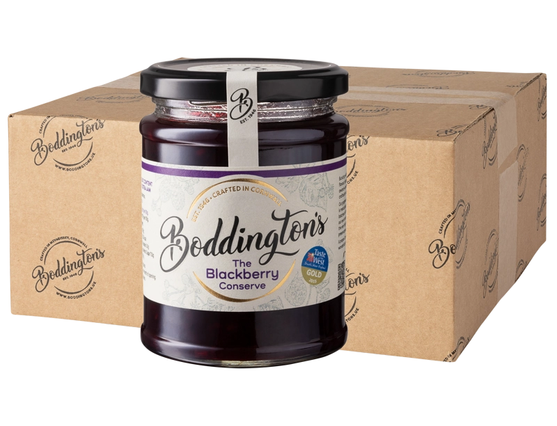 340g Jar of Boddington's Blackberry Conserve with a cardboard box in the background