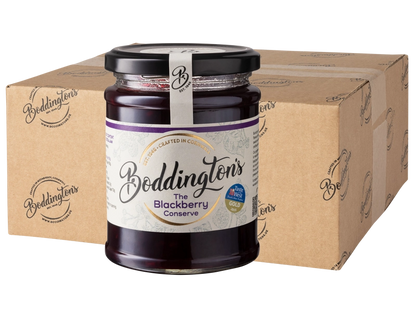 340g Jar of Boddington's Blackberry Conserve with a cardboard box in the background