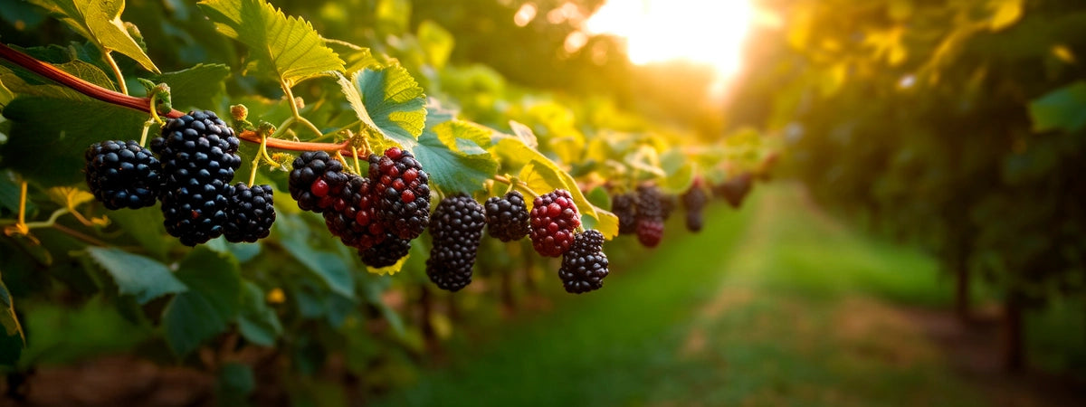 Blackberries on a branch with a blurred background of greenery and sunlight.
