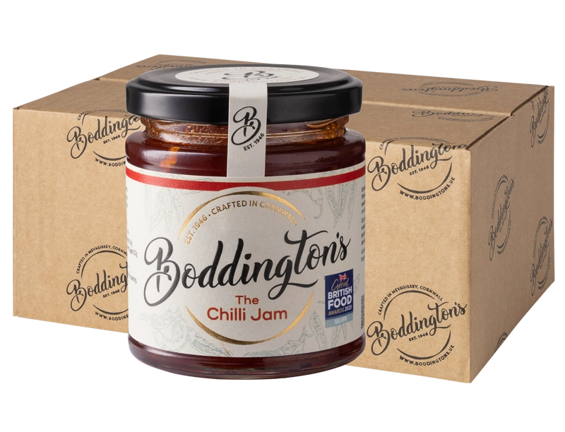 227g Jar of Boddington's Chilli Jam with packaging in the background