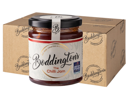 227g Jar of Boddington's Chilli Jam with packaging in the background