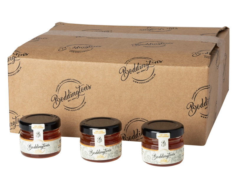 Three jars of Boddington's 28g individual jars of Orange Marmalade with a cardboard box behind