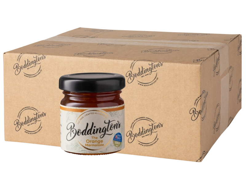 48g Mini Jar of Boddington's Orange Marmalade with a cardboard box in the background