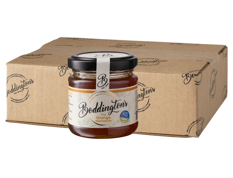 113g Jar of Boddingtons orange marmalade with a cardboard box in the background