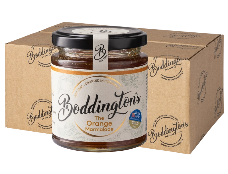 227g Jar of Boddington's Orange Marmalade with packaging in the background