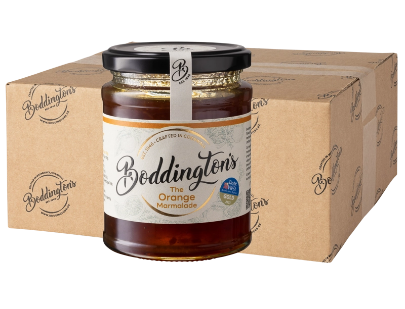 340g Jar of Boddington's Orange Marmalade with packaging in background