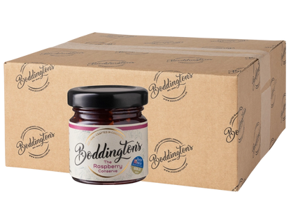 48g Mini Jar Boddington's Raspberry conserve with a cardboard box in the background