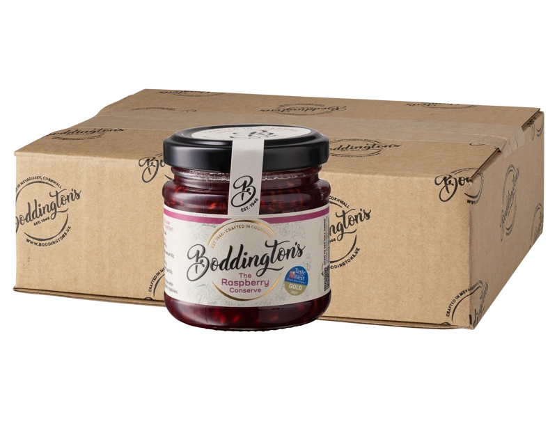 113g Jar of Beddington's raspberry conserve with a cardboard box in the background