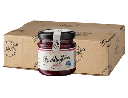 113g Jar of Beddington's raspberry conserve with a cardboard box in the background
