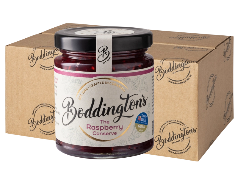 227g Jar of Boddington's Raspberry Conserve jar with packaging in the background
