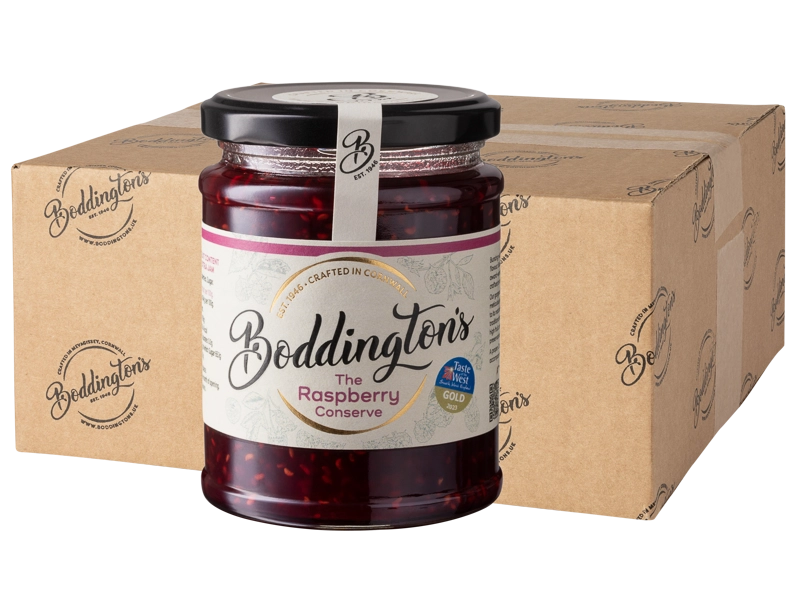 340g Jar of Boddington's Raspberry conserve with a cardboard box in the background