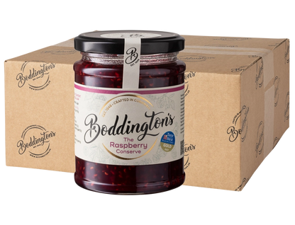 340g Jar of Boddington's Raspberry conserve with a cardboard box in the background