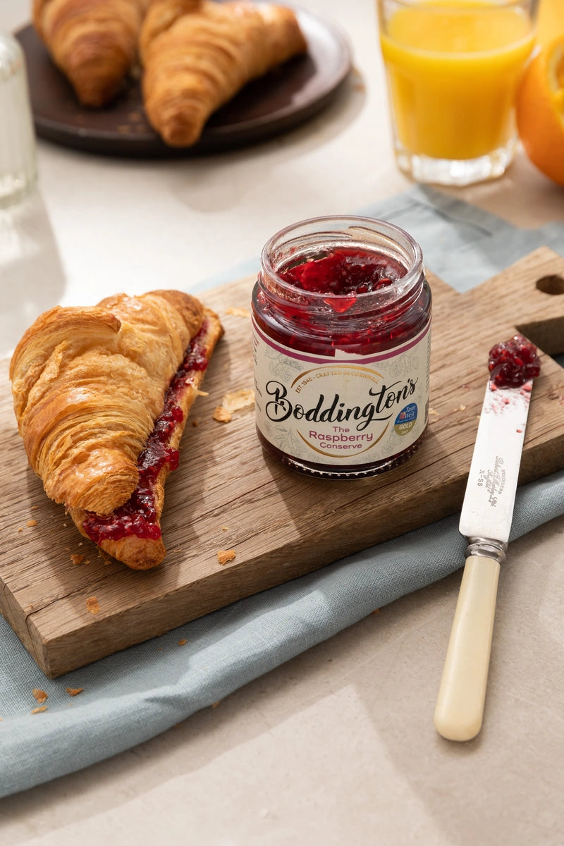 Jar of Boddington's Raspberry Jam on a wooden board with a croissant and knife.