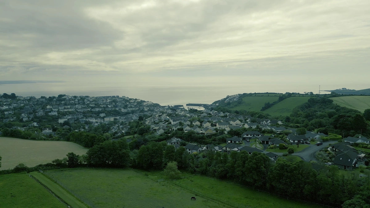 View of the village of Mevagissey from Boddington's with houses and green fields under a cloudy sky.