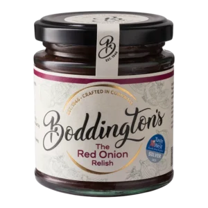 Boddington's Red Onion Relish 227g glass jar product image with no background.