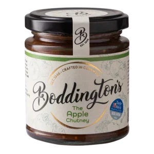 Boddington's Apple Chutney 227g glass jar product image with no background.