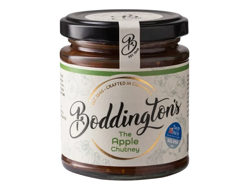 Boddington's Apple Chutney 227g glass jar product image with no background.