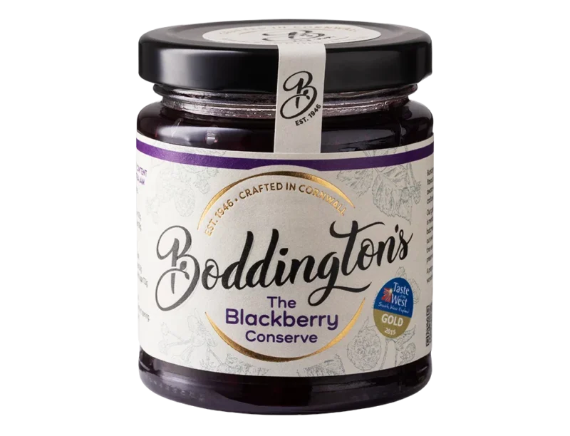 Boddington's Blackberry Conserve 227g glass jar product image with no background.