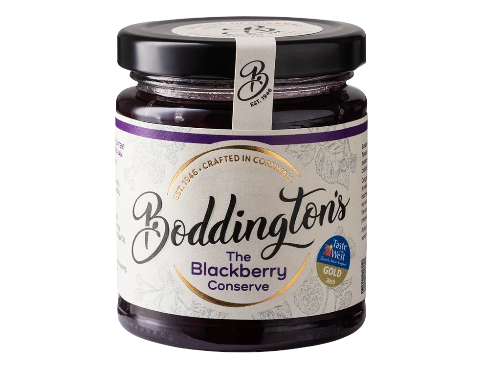 Boddington's Blackberry Conserve 227g glass jar product image with no background.