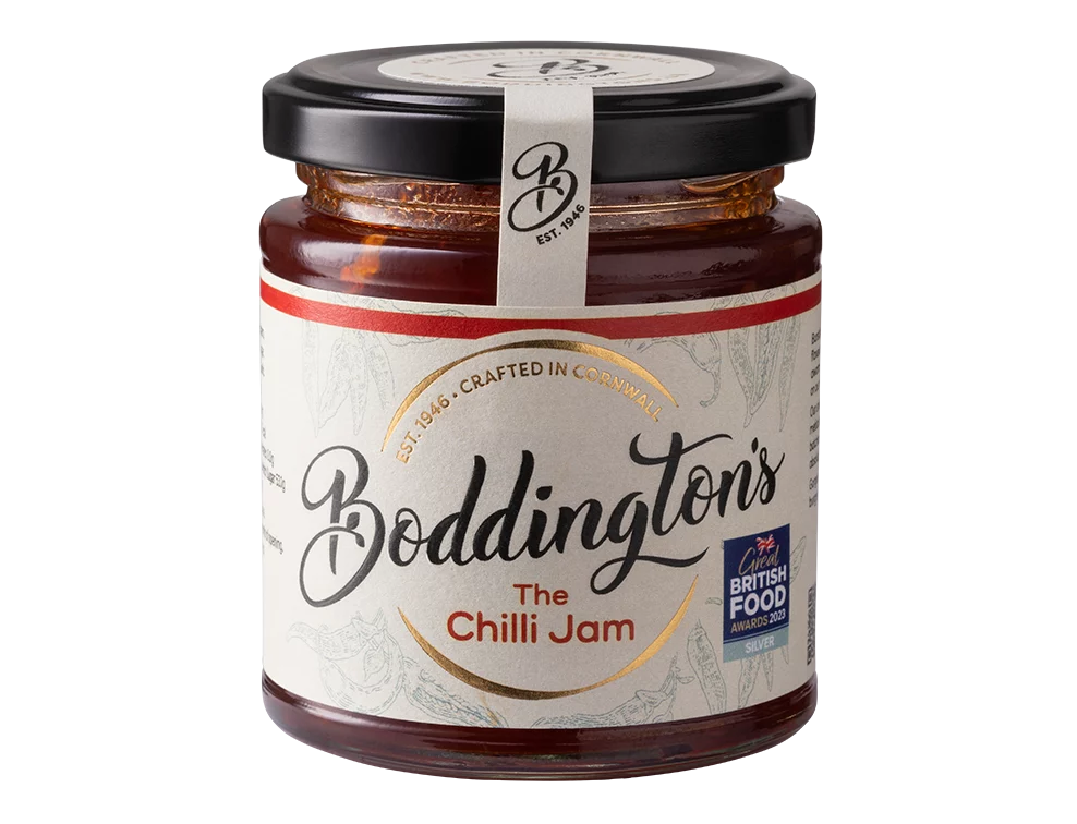 Boddington's Chilli Jam 227g glass jar product image with no background.