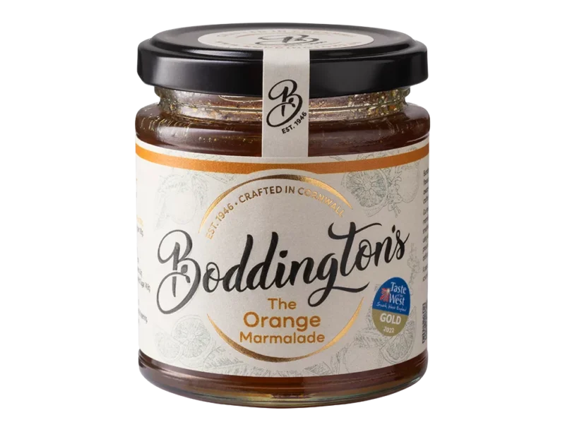 Boddington's Orange Marmalade 227g glass jar product image with no background.