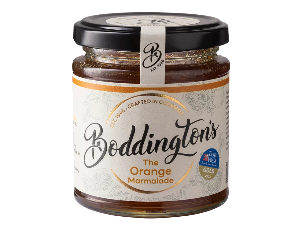 Boddington's Orange Marmalade 227g glass jar product image with no background.