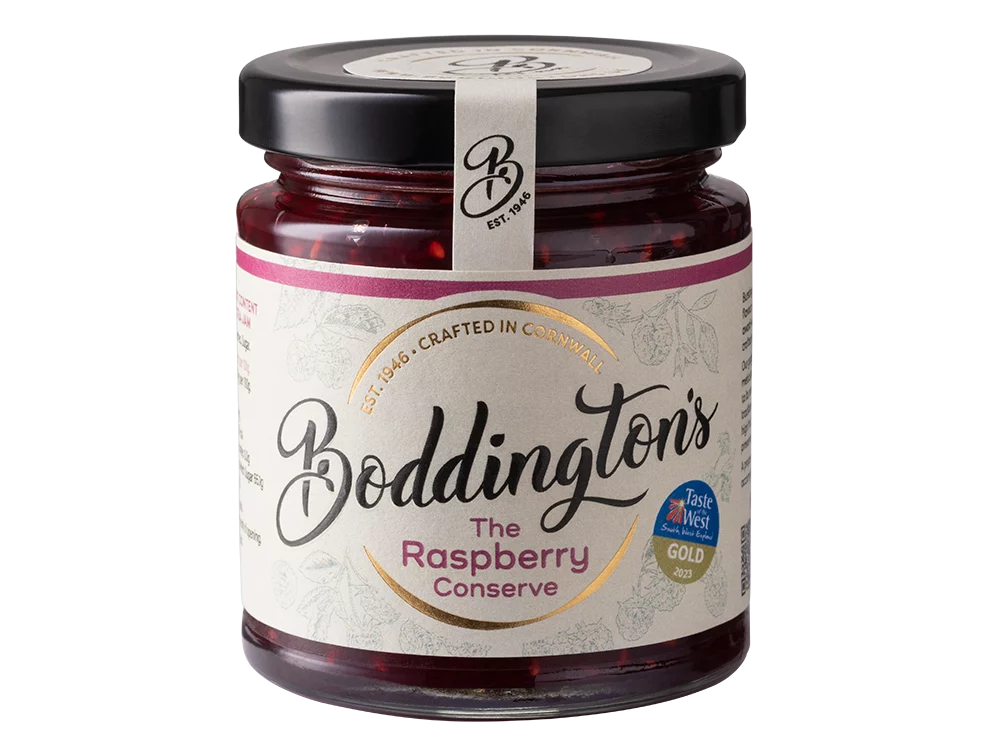 Boddington's Raspberry Conserve 227g glass jar product image with no background.