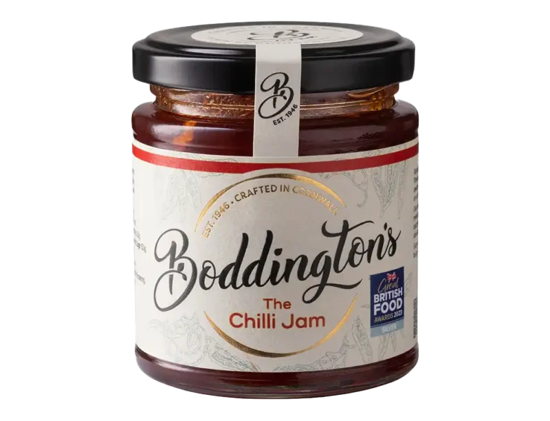 Boddington's Chilli Jam 227g glass jar product image with no background.