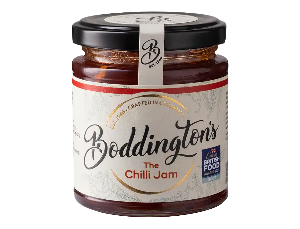 Boddington's Chilli Jam 227g glass jar product image with no background.