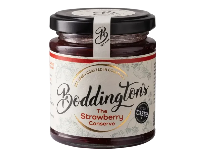 Boddington's Strawberry Conserve 227g glass jar product image with no background.