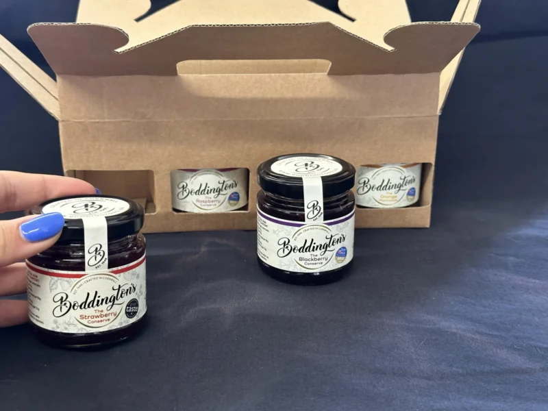 Close-up of the contents of a Boddington's Preserves 4-jar gift pack.